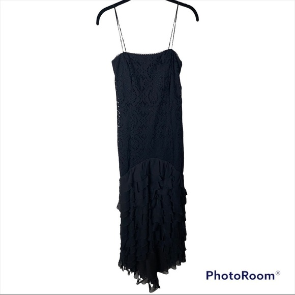 NWT JS COLLECTIONS Black Lace Ruffle Hem Midi Cocktail Dress Size 4 - Picture 1 of 6